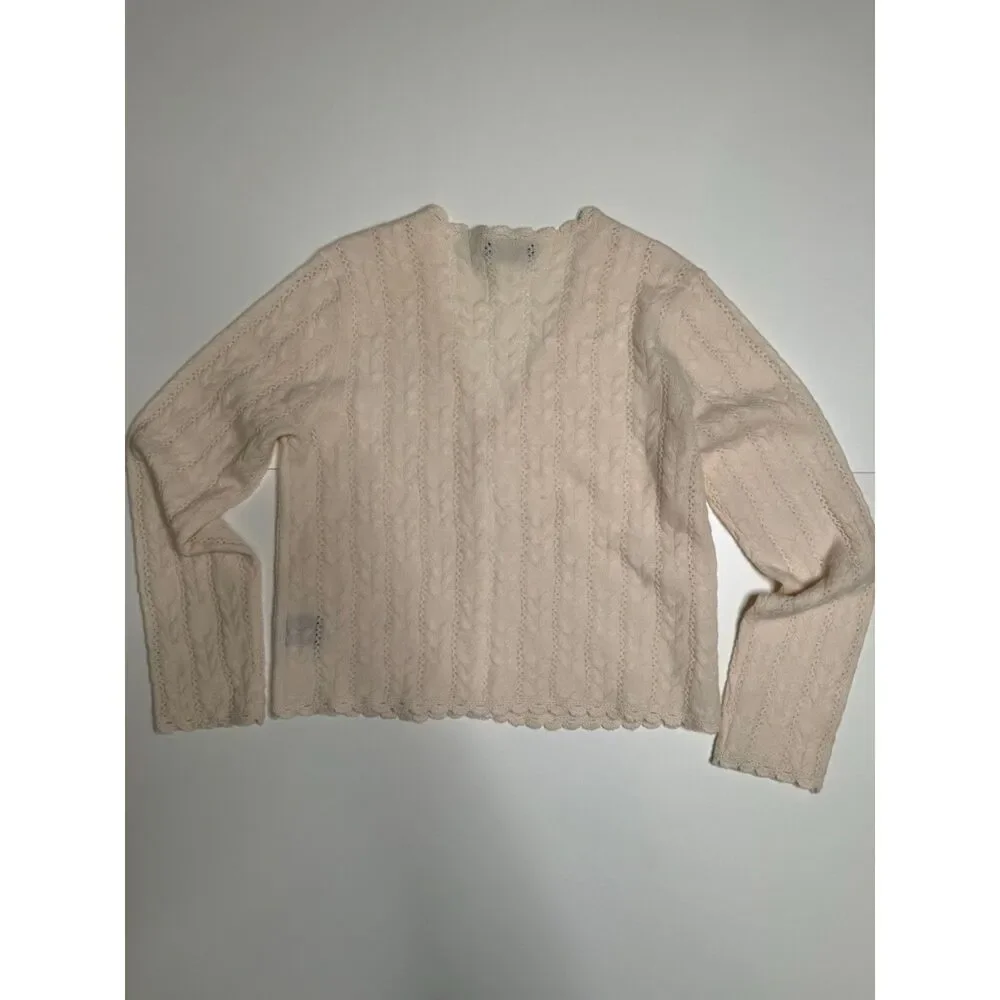 House of Harlow 1960 Women L Cashmere Cable Knit Cardigan Ivory Crochet Trim